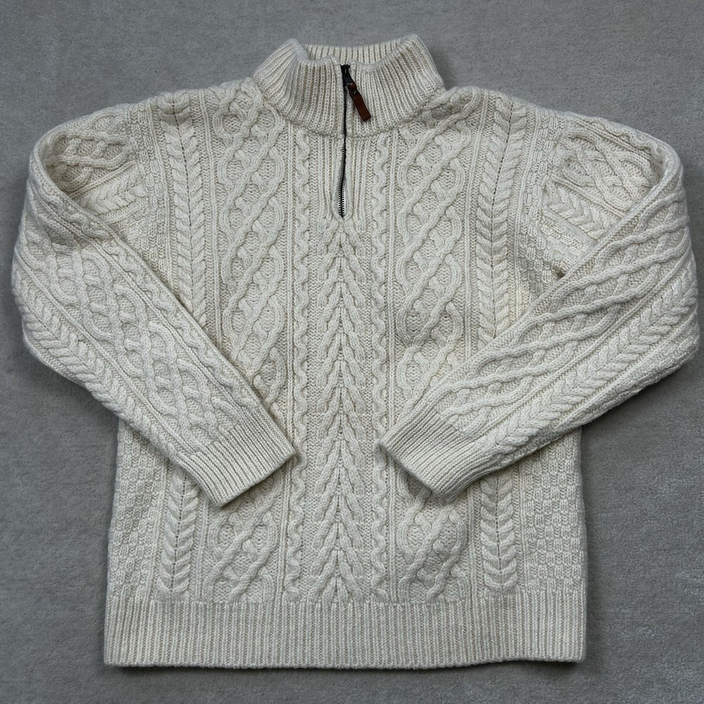 Inis Crafts Ireland Cable Knit Merino Wool Sweater Womens Large Pullover 1/4 Zip